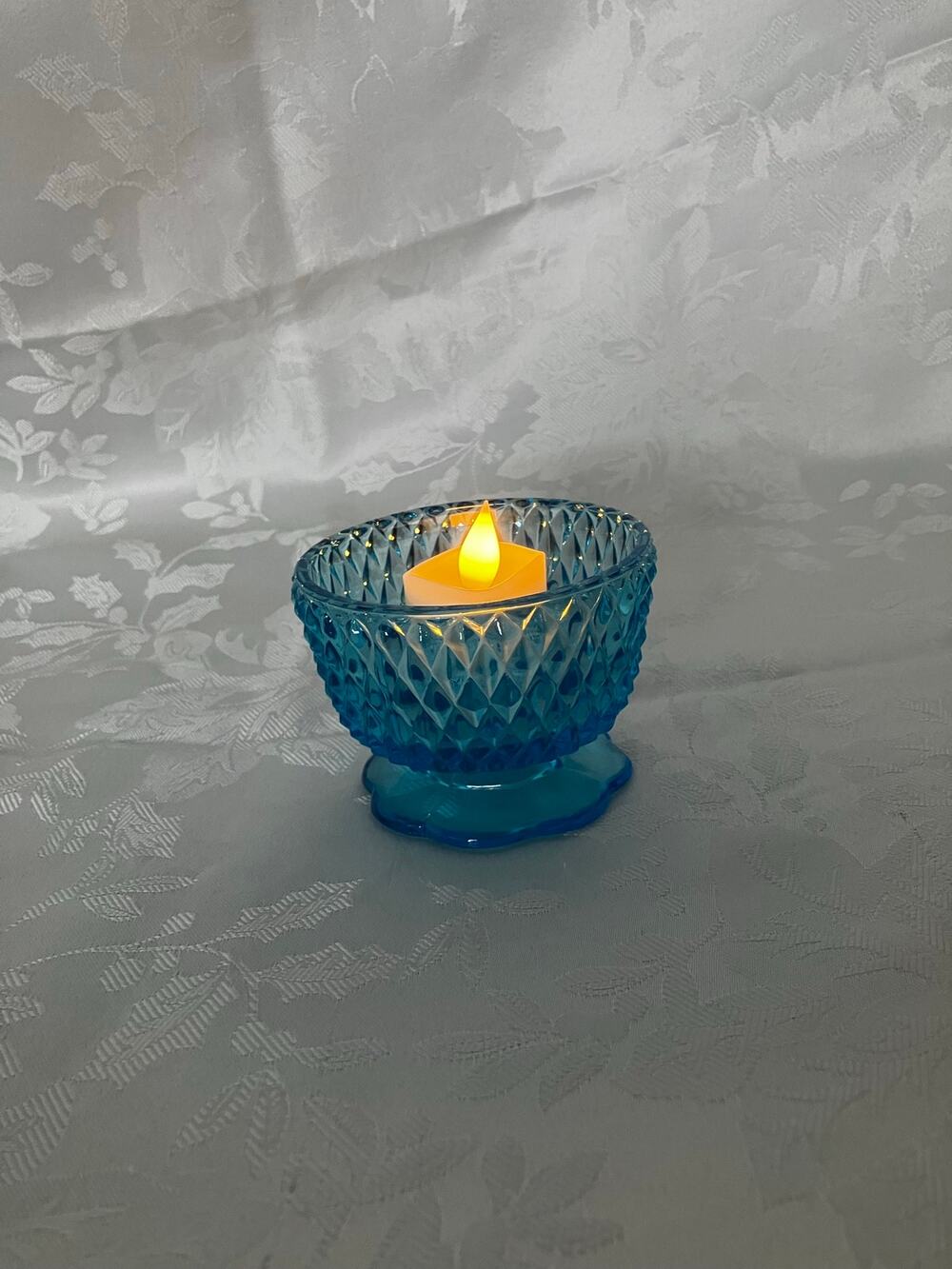 Indiana Glass Peacock Blue Fairy Lamp Bottom Only Diamond Point Candle Holder